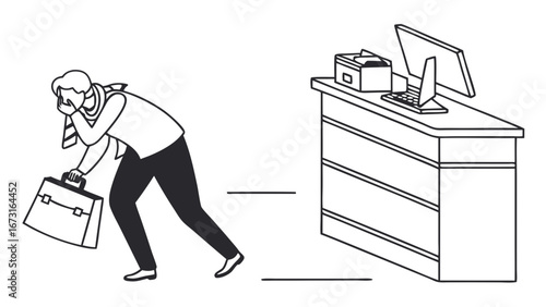 Stressed businessman leaving office. Employee burnout from work pressure. Overwhelmed professional escaping desk.