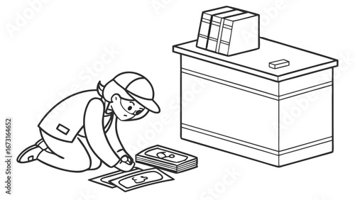 Person kneeling, counting cash bills on floor by office desk - monochrome line art illustration