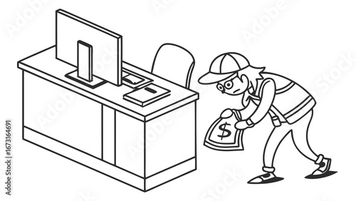 Thief Stealing Money Bag from Office Desk - Financial Crime, Corporate Fraud, Data Theft Concept