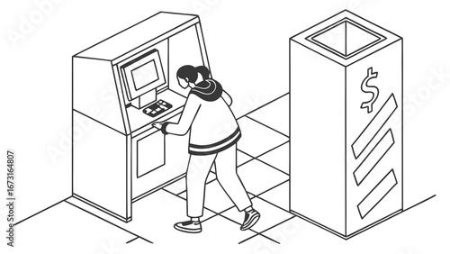 Isometric line art of person using ATM or self-service machine for banking and financial transactions, digital finance concept