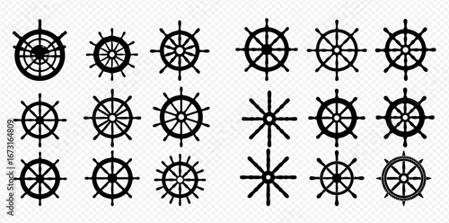 Collection of sixteen ship wheel icons in varying styles and designs, arranged in a grid pattern.