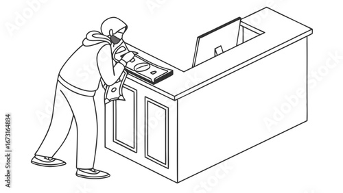 Person stealing cash from a counter. Isometric line art illustrating theft, crime, and financial dishonesty.