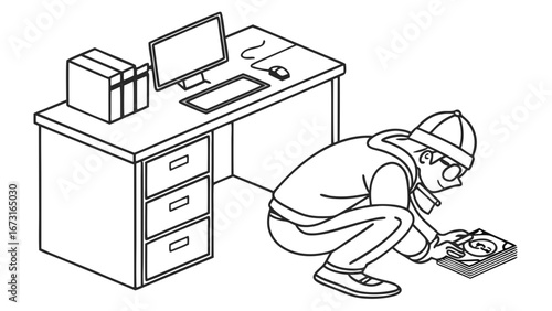 Corporate Espionage: Person Secretly Installing Device Under Office Desk for Data Theft or Surveillance