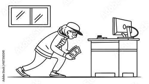 Cartoon Thief Stealing Money or Data from Office Desk. Cybercrime, Data Theft, Corporate Espionage Concept.