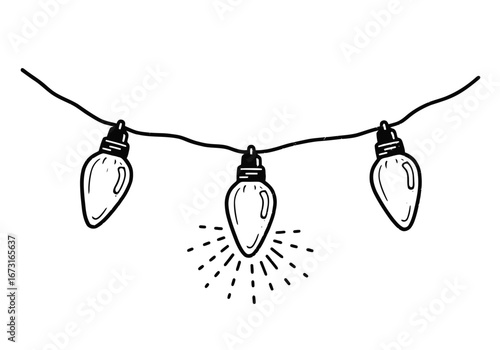 Vector art of handdrawn string of three christmas lights with one glowing