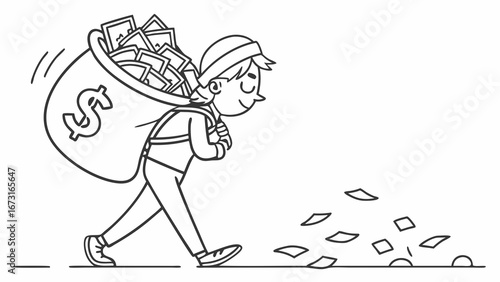 Leaking Money Bag: Cartoon Character Losing Cash While Carrying a Sack of Dollars - Financial Loss Concept