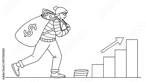 Thief running with money bag, symbolizing illicit financial gains, fraud, and rising profits. Black and white line art illustration.