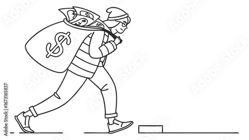 Thief with Money Bag Escaping - Black and White Line Art Illustration