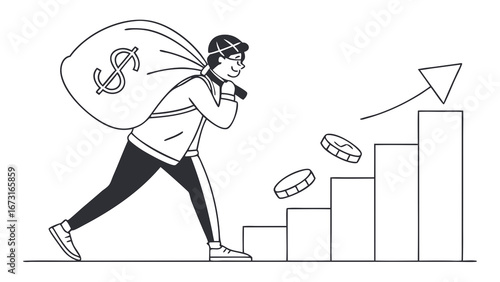 Person carrying money bag climbing financial growth chart. Investment success and wealth accumulation concept. Business profit progress.