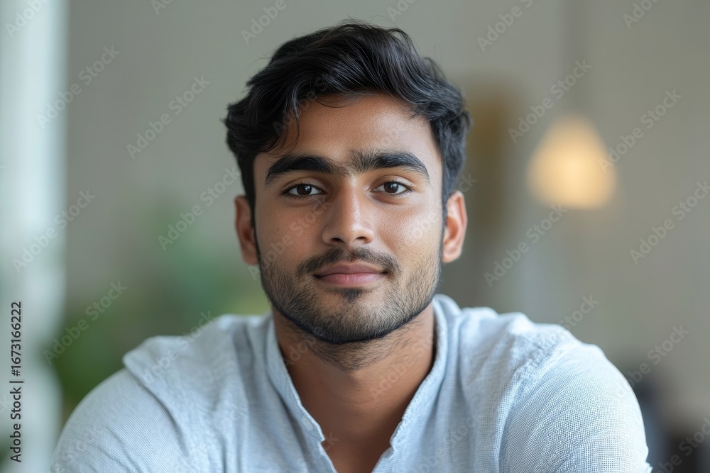 Obraz premium Close-up photo of young Indian smiling man looking to the side with a confident look. Standing outside on the street with a backpack, Generative AI