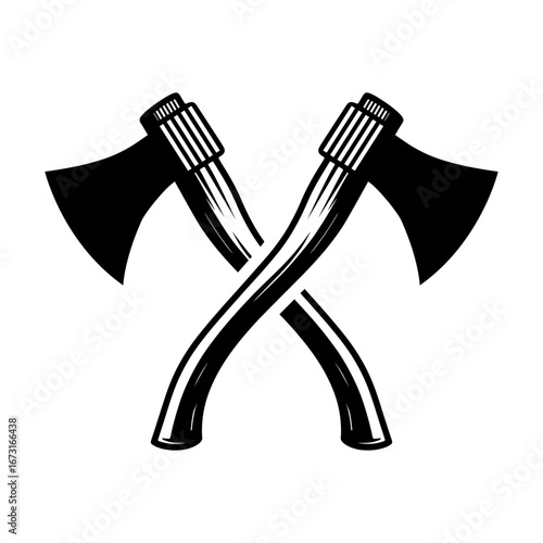 Two crossed vintage axe icon vector art heads with wooden handles forming an X shape in a striking silhouette, isolated on a white background