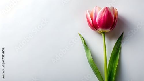 Single vibrant red tulip flower with green leaves on a plain light surface