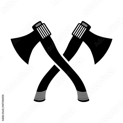 Two crossed axes silhouette icon vector art design, emblem featuring detailed handles isolated on a white background
