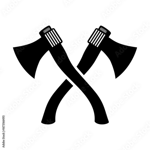 Two crossed axe heads in a bold black silhouette icon vector art, a symbol of strength and lumberjack heritage, isolated on a white background