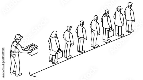 People queuing in a line, isometric illustration. Individuals waiting their turn for distribution or service in a structured queue.