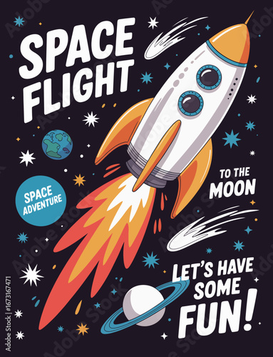 This vibrant illustration showcases a classic rocket ascending through space, emphasizing fun and adventure with bold colors and playful design elements.