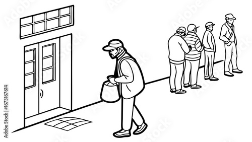 Monochrome illustration: People queuing in line outside a building, waiting for service or entry, depicting patience and social order.