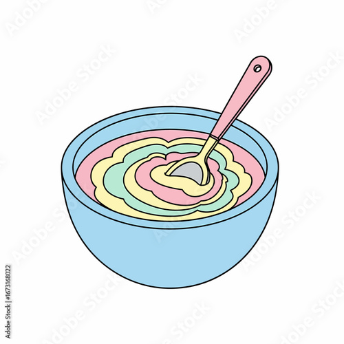 Colorful Swirled Cereal in a Light Blue Bowl with a Pink Spoon.