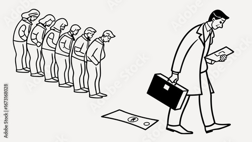 Healthcare Costs & Access: Doctor walks past dejected patients, dollar sign on ground, illustrating financial burden