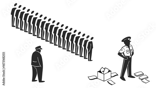 Bureaucracy concept: Long line of people, uniformed officers, and paperwork representing waiting and administrative processes