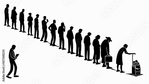 Life's Linear Progression: Conceptual illustration of human aging from youth to old age, with a modern individual distracted by technology.