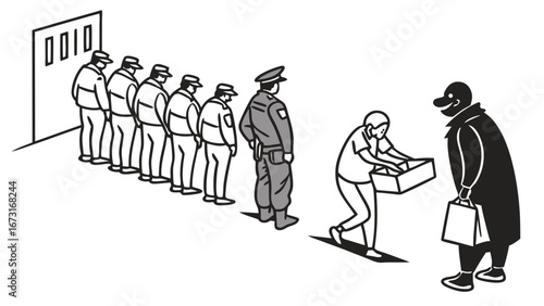 Corruption and Bribery: Illicit transaction bypassing a queue of people, unfair advantage and social inequality