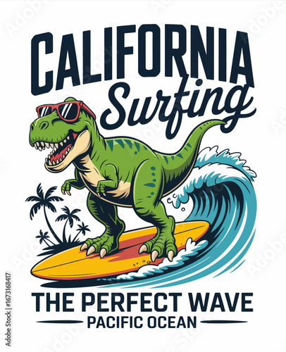 An amusing vision of a T-Rex riding a wave, symbolizing the adventurous spirit of surfing in California with a cheerful and vibrant atmosphere.