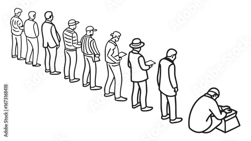 Queue of people waiting in line, black and white vector illustration of social gathering and patience
