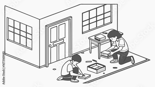 Children playing and learning indoors. Two kids engaging in creative activities and organizing items on the floor of a room, black and white illust...