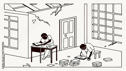 Resilient students studying in a dilapidated room, symbolizing perseverance and the pursuit of education amidst challenging conditions.