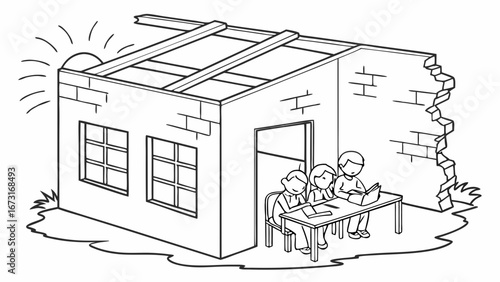 Children studying in damaged building, education in adversity. Black and white line art illustration of resilience and learning.
