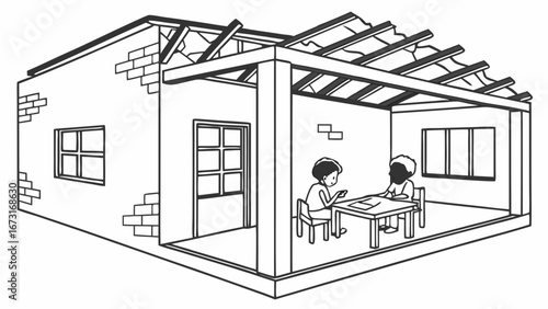 Line Art: Children Playing in Unfinished House with Exposed Rafters, Home Renovation Concept