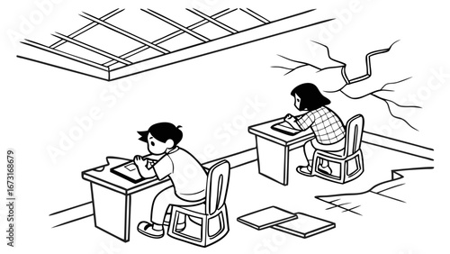 Children studying in damaged classroom with cracked walls and ceiling, illustrating unsafe learning conditions