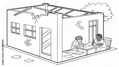 Children Studying in Damaged Building Illustration: Education in Challenging Environments