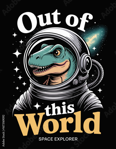 This vibrant illustration features a dinosaur in a space suit, set against a cosmic backdrop with stars, conveying an adventurous spirit and the thrill of exploration.