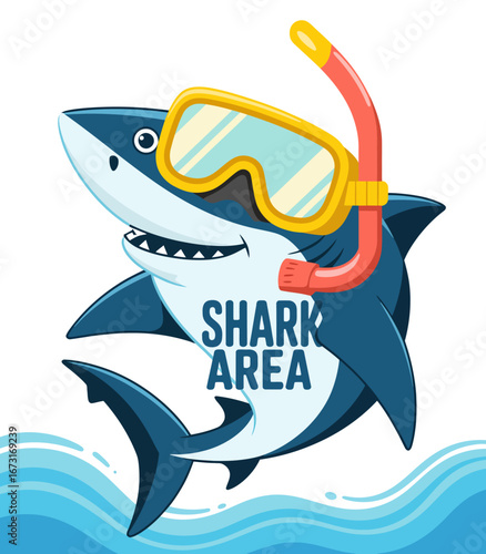 This lively shark illustration promotes beach safety in a fun and engaging way, emphasizing the importance of vigilance while enjoying oceanside activities with family.