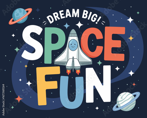 An enchanting illustration of a rocket soaring through a vibrant space backdrop filled with colorful planets and glimmering stars, evoking wonder and exploration spirit.