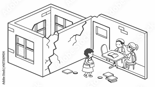 Isometric Line Art: Children Studying in a Damaged Building, Education Amidst Adversity and Reconstruction