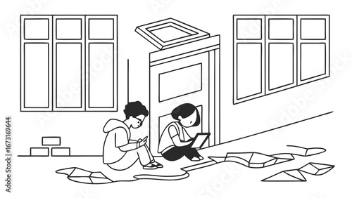 Youth using phones and tablets in a damaged building, illustrating digital distraction and escapism