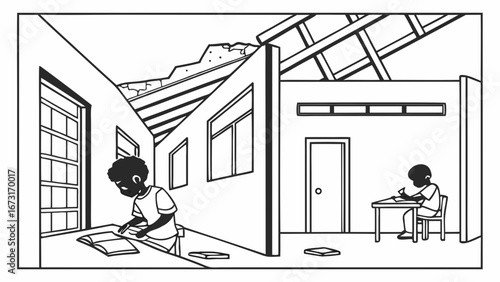 Children Studying in Unfinished School Building. Educational Challenges & Resilience in Basic Classroom. Line Art Illustration.