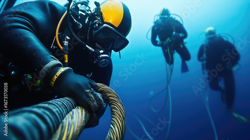 Professional maintenance divers carefully inspecting deep-sea submarine cable connection underwater