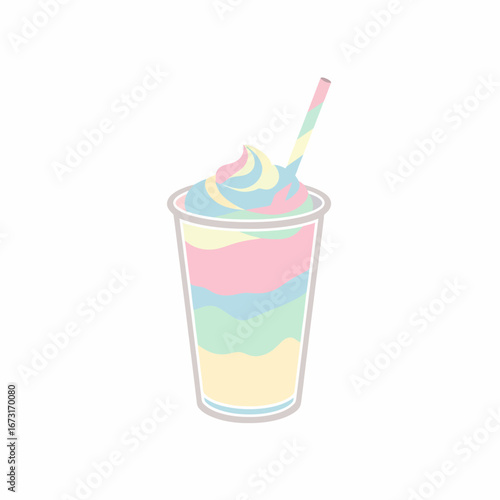 Whimsical Rainbow Layered Frozen Drink with Swirled Whipped Cream and Straw.