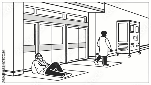 Person lying on floor in public building entrance, medical staff with cart passing by. Social issue illustration.