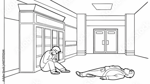 Unconscious Person on Floor in Public Hallway with Bystander on Phone - Line Art Illustration