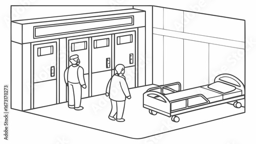Isometric Line Art: Hospital Ward with Patients and Medical Bed