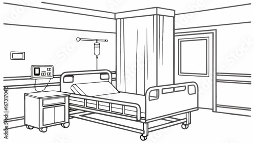 Empty Hospital Room with Medical Bed and IV Drip Line Art Illustration