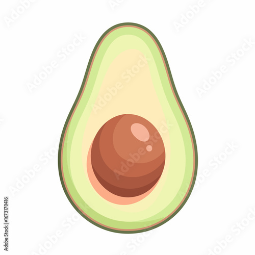 Cartoon Illustration of a Freshly Cut Avocado with Brown Seed Isolated.