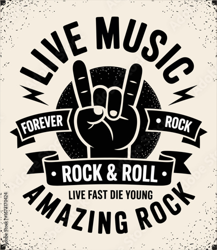 The design showcases a captivating tribute to rock & roll music, featuring a symbolic hand gesture with stylized text, perfect for any lively music or festival theme.