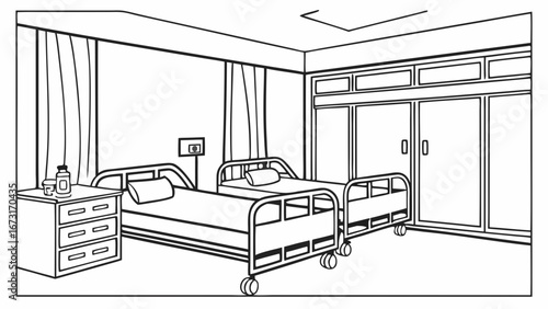 Hospital patient room line art illustration. Black and white outline drawing of a medical facility interior with two beds and nightstand.