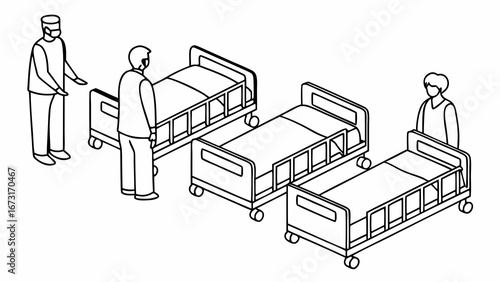 Hospital Beds and Healthcare Staff Isometric Line Art Illustration